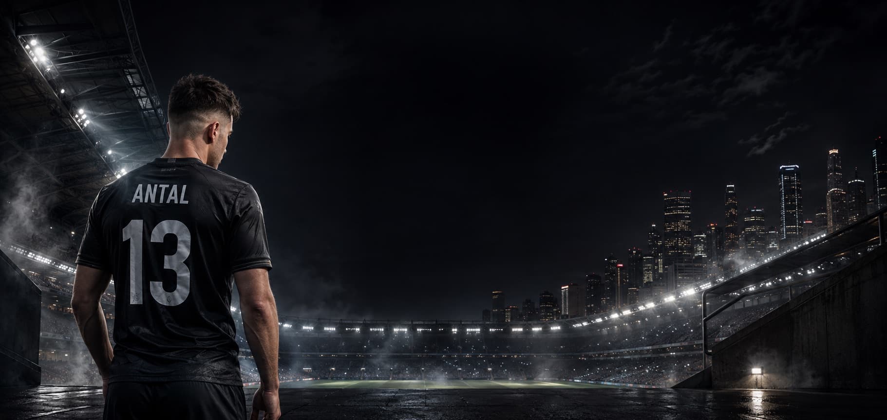 Antal, jugador con el dorsal 13, de espaldas frente a un estadio de noche